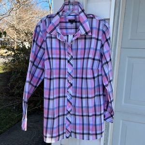 NWT Talbots Pretty Pink White Blue Black Cotton Plaid Long Sleeve Blouse